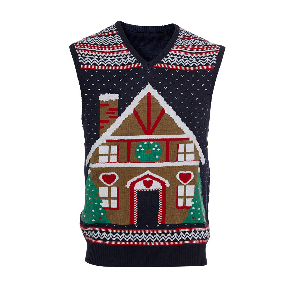 En julevest med et kagehus på.